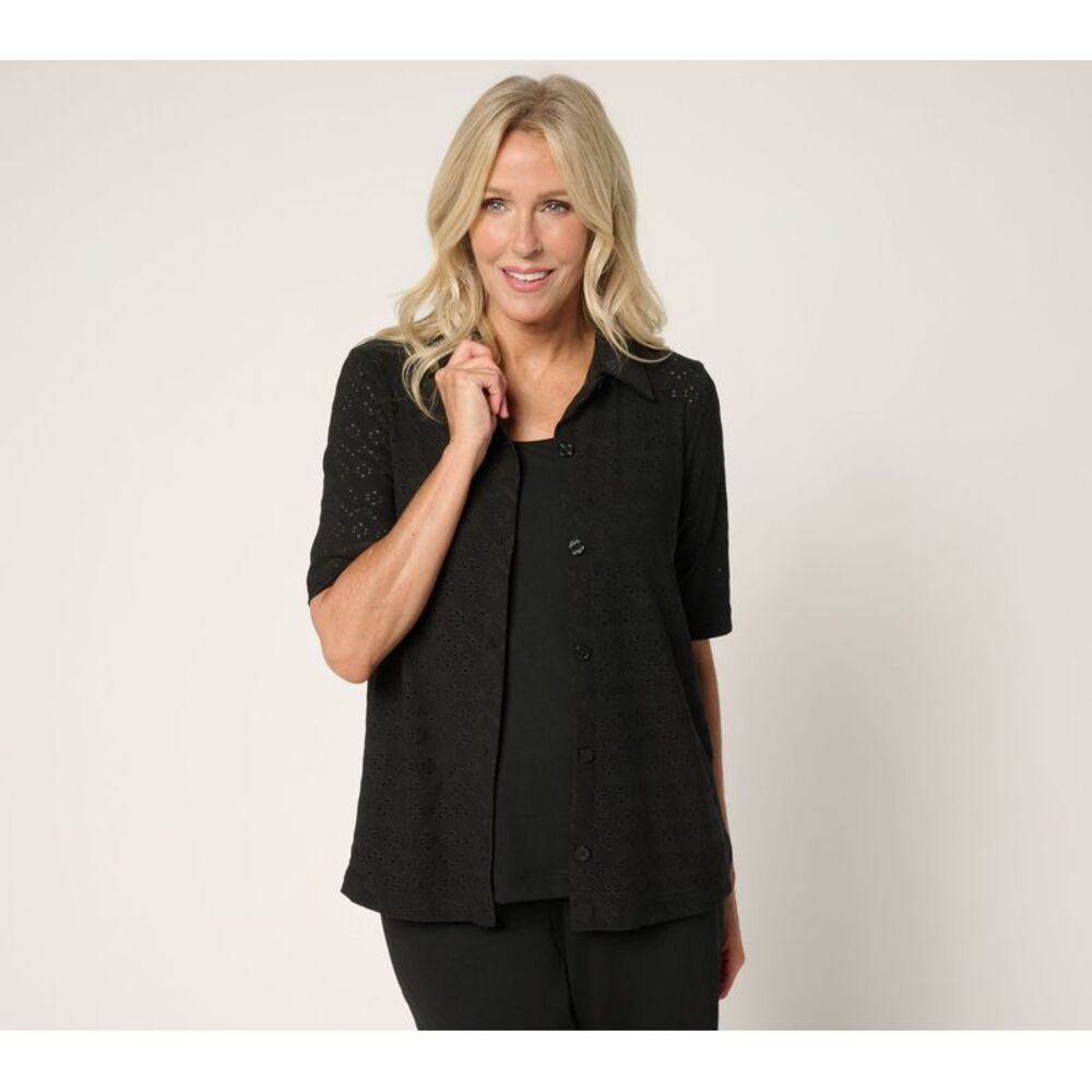 SUNNYLiFE Women's Top Plus Sz 2X Eyelet Button Up Collared Black A683085